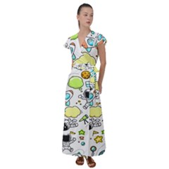 Sketch Cartoon Space Set Flutter Sleeve Maxi Dress