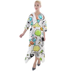 Sketch Cartoon Space Set Quarter Sleeve Wrap Front Maxi Dress