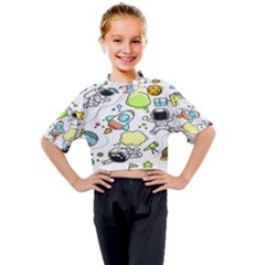 Sketch Cartoon Space Set Kids Mock Neck T-Shirt