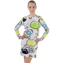 Sketch Cartoon Space Set Long Sleeve Hoodie Dress