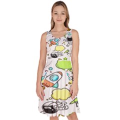 Sketch Cartoon Space Set Knee Length Skater Dress With Pockets