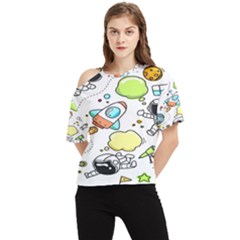 Sketch Cartoon Space Set One Shoulder Cut Out T-Shirt