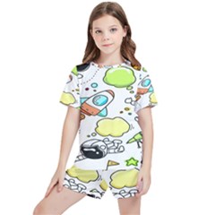 Sketch Cartoon Space Set Kids  T-Shirt And Sports Shorts Set