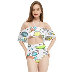 Sketch Cartoon Space Set Halter Flowy Bikini Set 