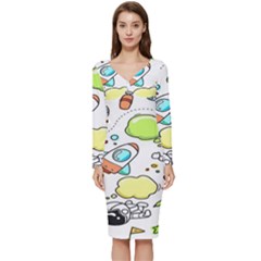 Sketch Cartoon Space Set Long Sleeve V-Neck Bodycon Dress 