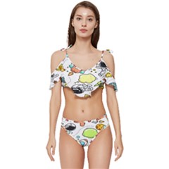 Sketch Cartoon Space Set Ruffle Edge Tie Up Bikini Set	