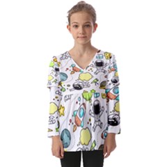 Sketch Cartoon Space Set Kids  V Neck Casual Top