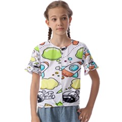 Sketch Cartoon Space Set Kids  Cuff Sleeve Scrunch Bottom T-Shirt