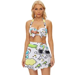 Sketch Cartoon Space Set Vintage Style Bikini Top and Skirt Set 