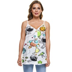 Sketch Cartoon Space Set Casual Spaghetti Strap Chiffon Top