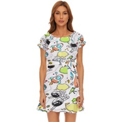 Sketch Cartoon Space Set Puff Sleeve Frill Dress