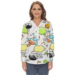 Sketch Cartoon Space Set Zip Up Long Sleeve Blouse