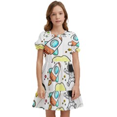 Sketch Cartoon Space Set Kids  Puff Sleeved Dress