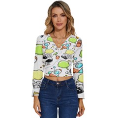 Sketch Cartoon Space Set Long Sleeve V-neck Top