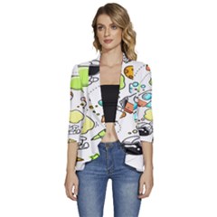 Sketch Cartoon Space Set Women s 3/4 Sleeve Ruffle Edge Open Front Jacket