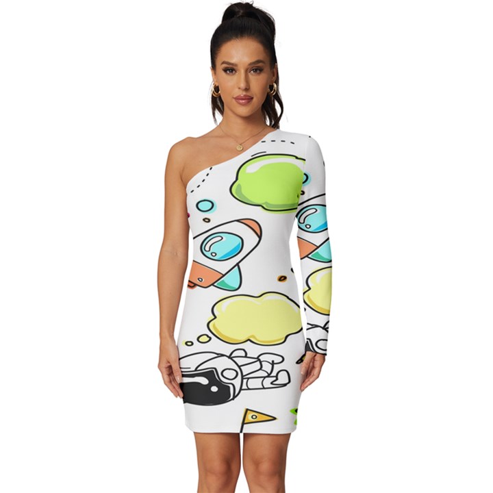 Sketch Cartoon Space Set Long Sleeve One Shoulder Mini Dress