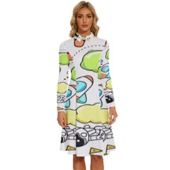 Sketch Cartoon Space Set Long Sleeve Shirt Collar A-Line Dress