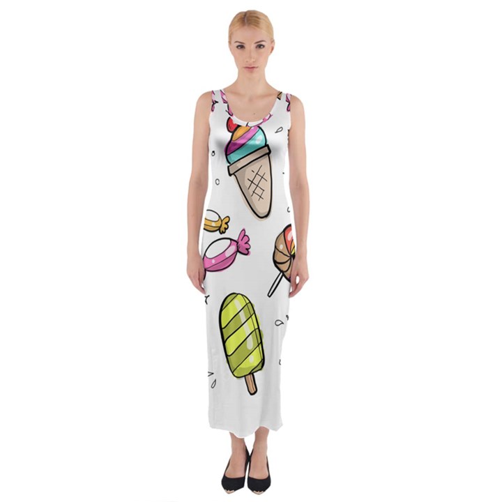 Doodle Cartoon Drawn Cone Food Fitted Maxi Dress