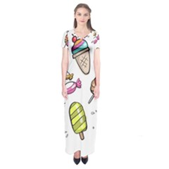 Doodle Cartoon Drawn Cone Food Short Sleeve Maxi Dress