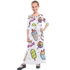 Doodle Cartoon Drawn Cone Food Kids  Quarter Sleeve Maxi Dress by Hannah976