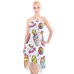 Doodle Cartoon Drawn Cone Food High-low Halter Chiffon Dress 