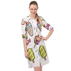 Doodle Cartoon Drawn Cone Food Long Sleeve Mini Shirt Dress by Hannah976