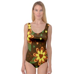 Floral Hearts Brown Green Retro Princess Tank Leotard 