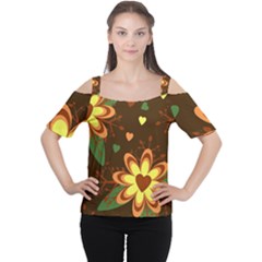 Floral Hearts Brown Green Retro Cutout Shoulder T-shirt