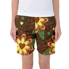 Floral Hearts Brown Green Retro Women s Basketball Shorts