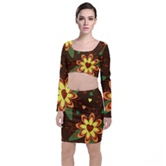 Floral Hearts Brown Green Retro Top And Skirt Sets