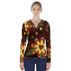 Floral Hearts Brown Green Retro V-neck Long Sleeve Top