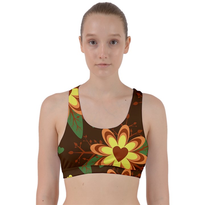Floral Hearts Brown Green Retro Back Weave Sports Bra