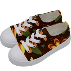 Floral Hearts Brown Green Retro Kids  Low Top Canvas Sneakers