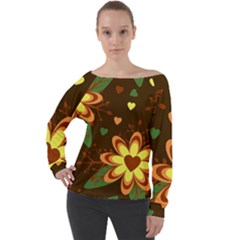 Floral Hearts Brown Green Retro Off Shoulder Long Sleeve Velour Top by Hannah976