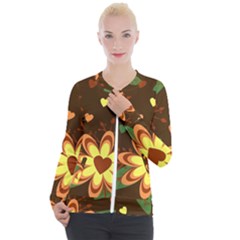 Floral Hearts Brown Green Retro Casual Zip Up Jacket by Hannah976