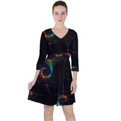 Fractal Transfer Metallic Black Quarter Sleeve Ruffle Waist Dress by Hannah976