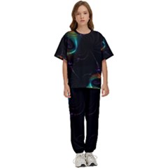 Fractal Transfer Metallic Black Kids  T-shirt And Pants Sports Set by Hannah976