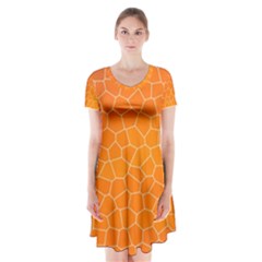 Orange Mosaic Structure Background Short Sleeve V-neck Flare Dress