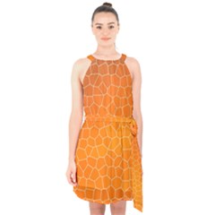 Orange Mosaic Structure Background Halter Collar Waist Tie Chiffon Dress