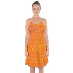 Orange Mosaic Structure Background Ruffle Detail Chiffon Dress