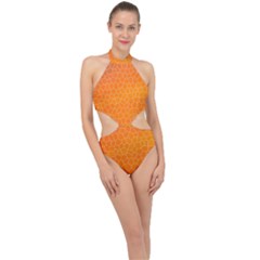 Orange Mosaic Structure Background Halter Side Cut Swimsuit