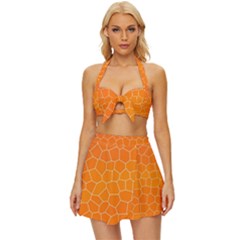 Orange Mosaic Structure Background Vintage Style Bikini Top and Skirt Set 