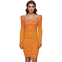 Orange Mosaic Structure Background Women Long Sleeve Ruched Stretch Jersey Dress