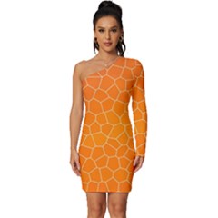 Orange Mosaic Structure Background Long Sleeve One Shoulder Mini Dress