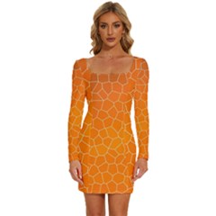 Orange Mosaic Structure Background Long Sleeve Square Neck Bodycon Velvet Dress