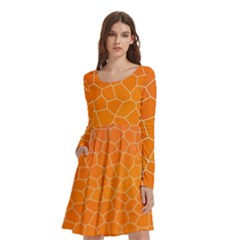 Orange Mosaic Structure Background Long Sleeve Knee Length Skater Dress With Pockets