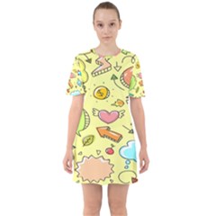 Cute Sketch Child Graphic Funny Sixties Short Sleeve Mini Dress