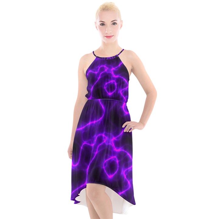 Purple Pattern Background Structure High-Low Halter Chiffon Dress 