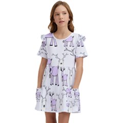 Cute Deers  Kids  Frilly Sleeves Pocket Dress