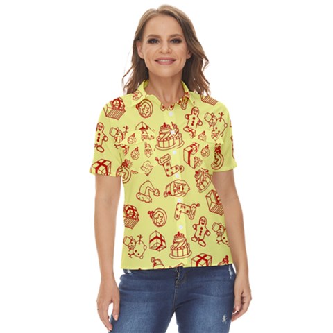 Bw Christmas Icons   Women s Short Sleeve Double Pocket Shirt by ConteMonfrey